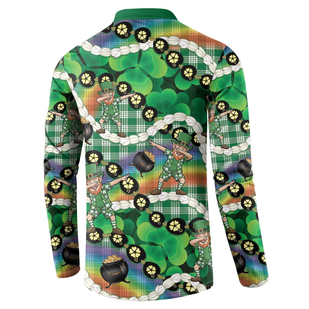 St Patrick's Day Palaka Hawaii Button Sweatshirt Kukui Nut Pikake Lei Shamrock Dabbing Leprechaun