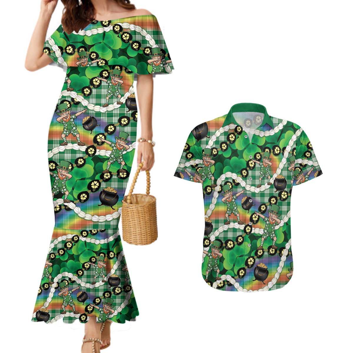 St Patrick's Day Palaka Hawaii Couples Matching Mermaid Dress and Hawaiian Shirt Kukui Nut Pikake Lei Shamrock Dabbing Leprechaun LT14 Green - Polynesian Pride