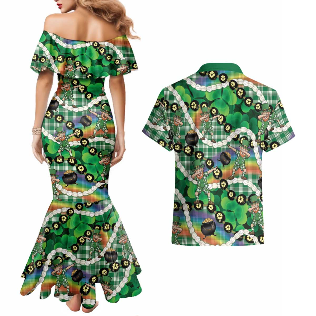 St Patrick's Day Palaka Hawaii Couples Matching Mermaid Dress and Hawaiian Shirt Kukui Nut Pikake Lei Shamrock Dabbing Leprechaun LT14 - Polynesian Pride