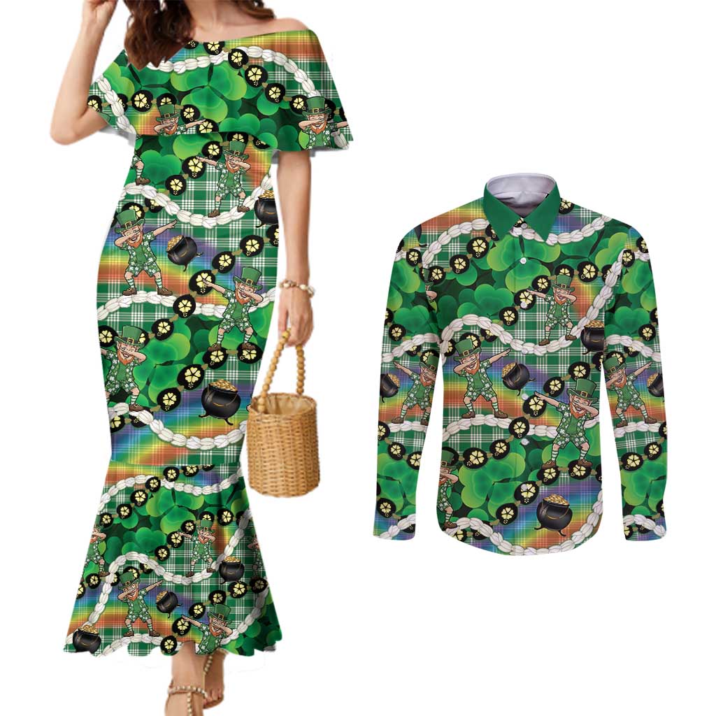 St Patrick's Day Palaka Hawaii Couples Matching Mermaid Dress and Long Sleeve Button Shirt Kukui Nut Pikake Lei Shamrock Dabbing Leprechaun