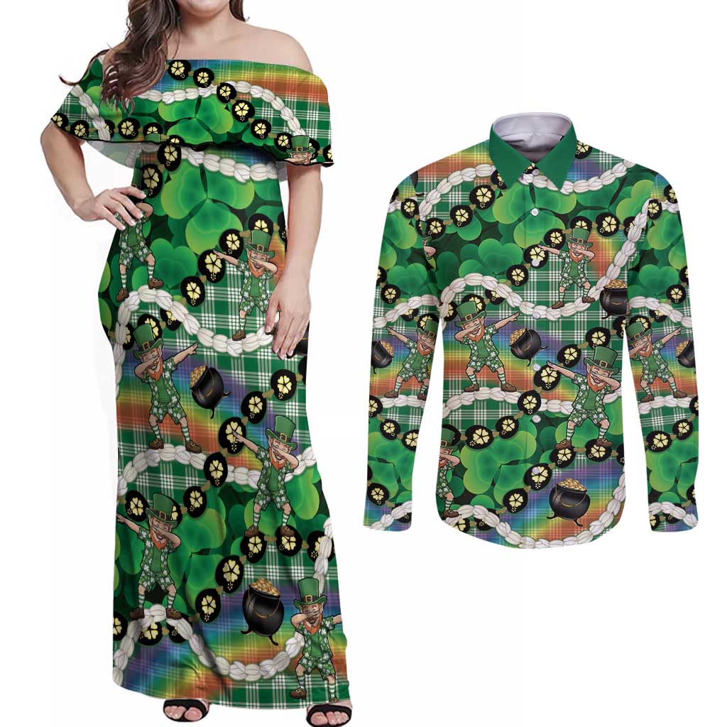St Patrick's Day Palaka Hawaii Couples Matching Off Shoulder Maxi Dress and Long Sleeve Button Shirt Kukui Nut Pikake Lei Shamrock Dabbing Leprechaun