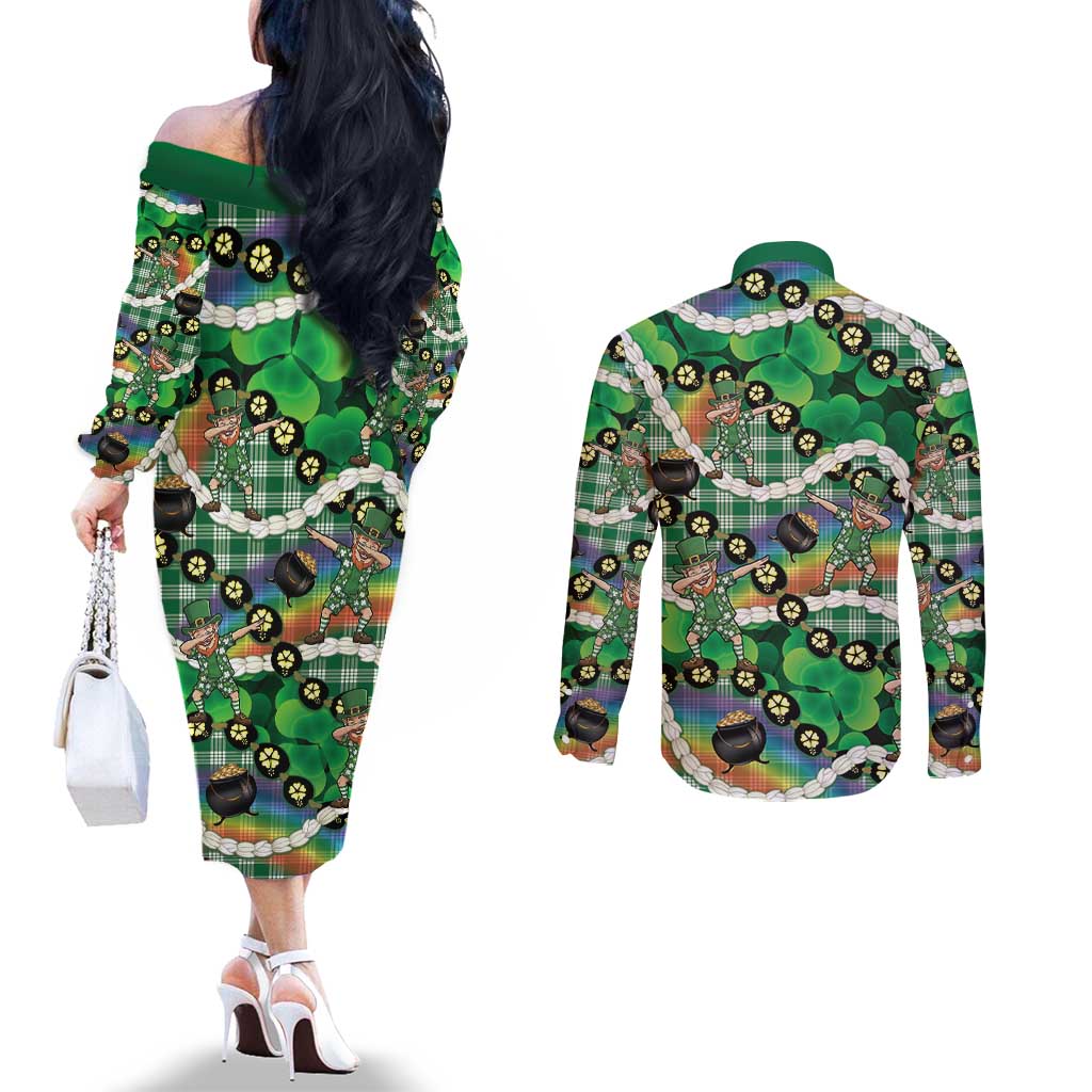 St Patrick's Day Palaka Hawaii Couples Matching Off The Shoulder Long Sleeve Dress and Long Sleeve Button Shirt Kukui Nut Pikake Lei Shamrock Dabbing Leprechaun