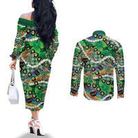 St Patrick's Day Palaka Hawaii Couples Matching Off The Shoulder Long Sleeve Dress and Long Sleeve Button Shirt Kukui Nut Pikake Lei Shamrock Dabbing Leprechaun