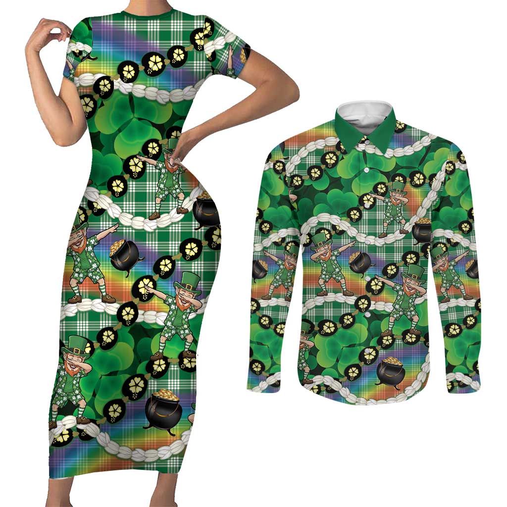 St Patrick's Day Palaka Hawaii Couples Matching Short Sleeve Bodycon Dress and Long Sleeve Button Shirt Kukui Nut Pikake Lei Shamrock Dabbing Leprechaun