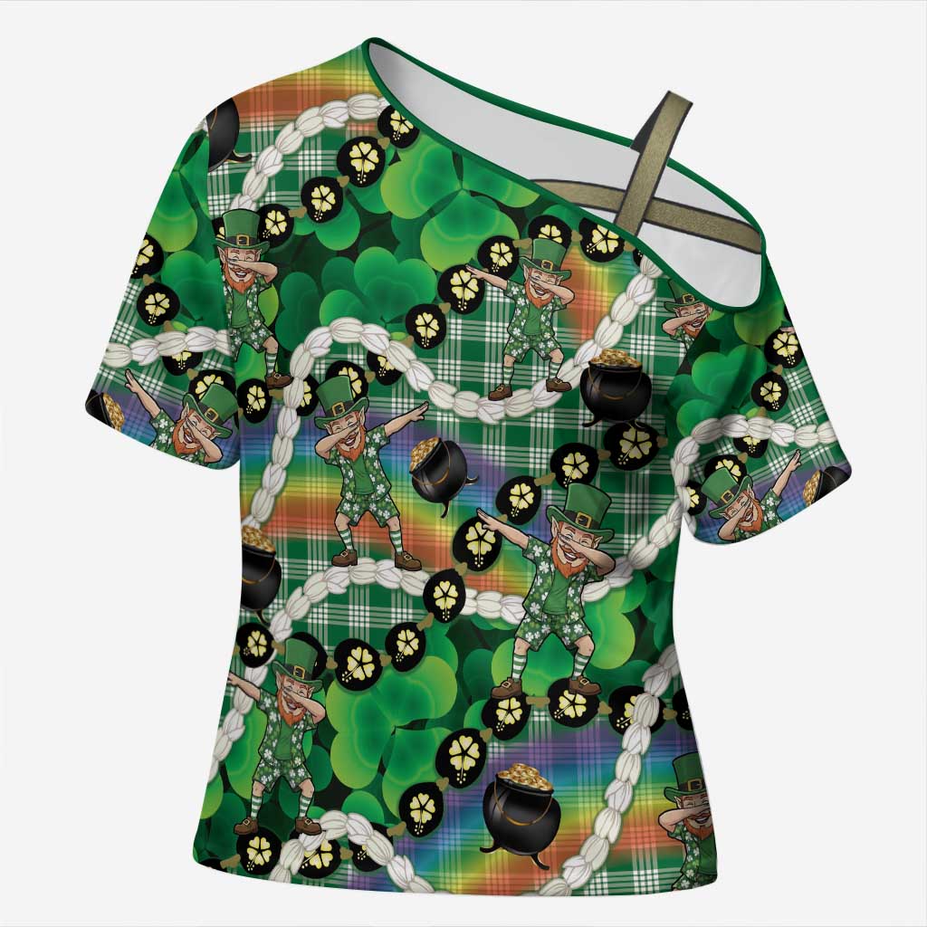 St Patrick's Day Palaka Hawaii Cross Shoulder Shirt Kukui Nut Pikake Lei Shamrock Dabbing Leprechaun
