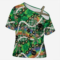 St Patrick's Day Palaka Hawaii Cross Shoulder Shirt Kukui Nut Pikake Lei Shamrock Dabbing Leprechaun