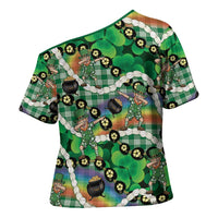 St Patrick's Day Palaka Hawaii Cross Shoulder Shirt Kukui Nut Pikake Lei Shamrock Dabbing Leprechaun