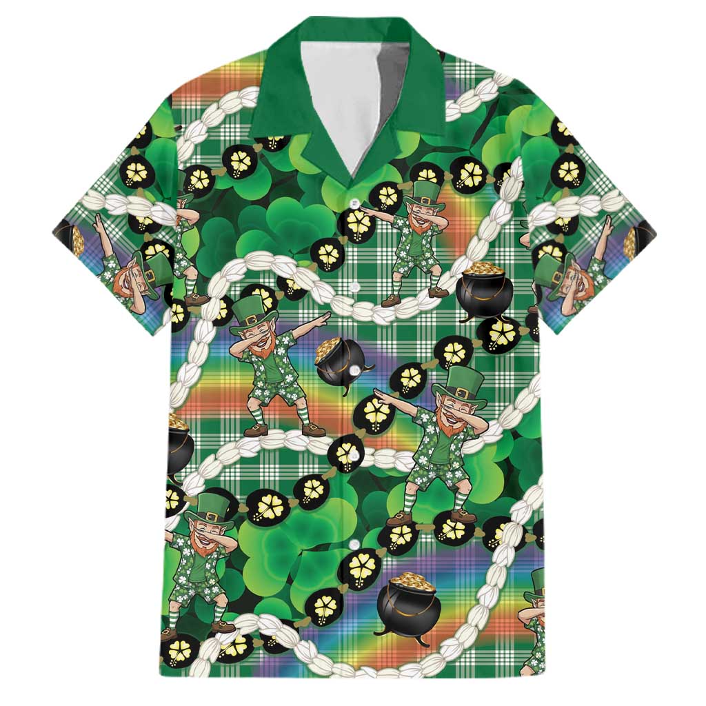 St Patrick's Day Palaka Hawaii Family Matching Long Sleeve Bodycon Dress and Hawaiian Shirt Kukui Nut Pikake Lei Shamrock Dabbing Leprechaun LT14 Dad's Shirt - Short Sleeve Green - Polynesian Pride