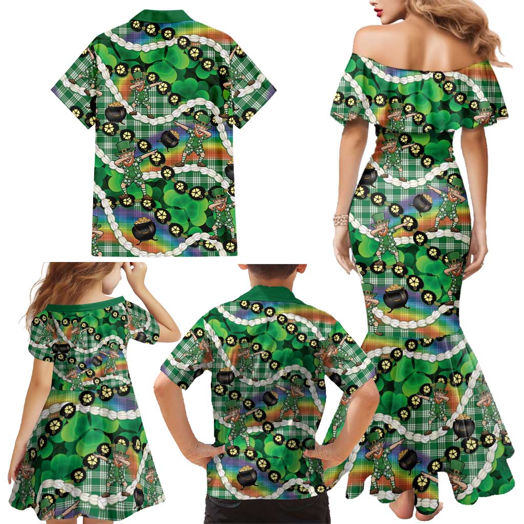 St Patrick's Day Palaka Hawaii Family Matching Mermaid Dress and Hawaiian Shirt Kukui Nut Pikake Lei Shamrock Dabbing Leprechaun LT14 - Polynesian Pride