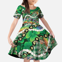 St Patrick's Day Palaka Hawaii Family Matching Off The Shoulder Long Sleeve Dress and Hawaiian Shirt Kukui Nut Pikake Lei Shamrock Dabbing Leprechaun LT14 Daughter's Dress Green - Polynesian Pride