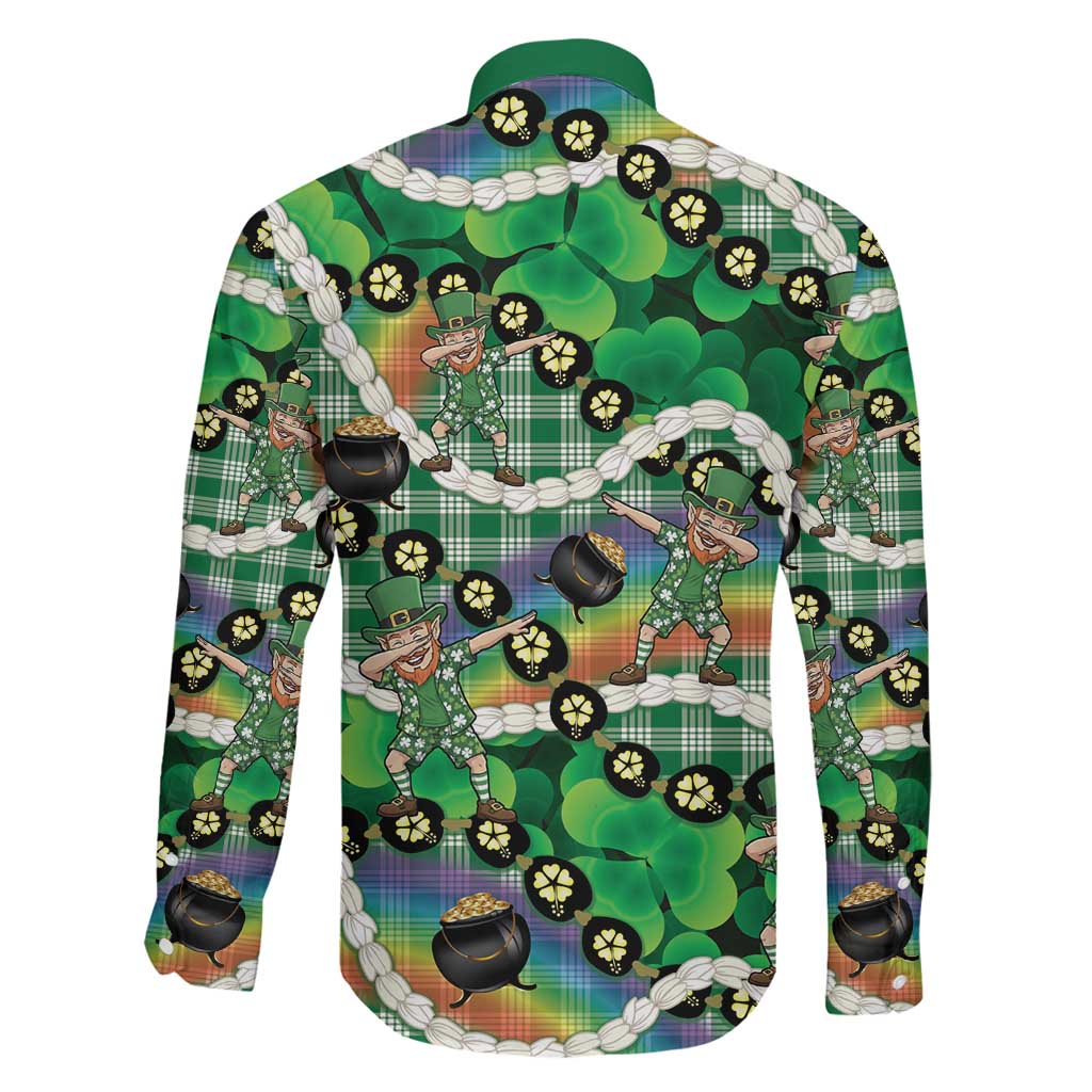 St Patrick's Day Palaka Hawaii Family Matching Off The Shoulder Long Sleeve Dress and Hawaiian Shirt Kukui Nut Pikake Lei Shamrock Dabbing Leprechaun LT14 - Polynesian Pride