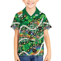 St Patrick's Day Palaka Hawaii Family Matching Off The Shoulder Long Sleeve Dress and Hawaiian Shirt Kukui Nut Pikake Lei Shamrock Dabbing Leprechaun LT14 Son's Shirt Green - Polynesian Pride