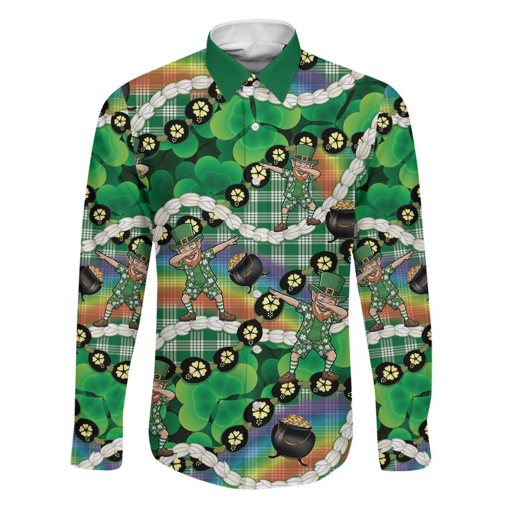 St Patrick's Day Palaka Hawaii Family Matching Off Shoulder Maxi Dress and Hawaiian Shirt Kukui Nut Pikake Lei Shamrock Dabbing Leprechaun LT14 Dad's Shirt - Long Sleeve Green - Polynesian Pride