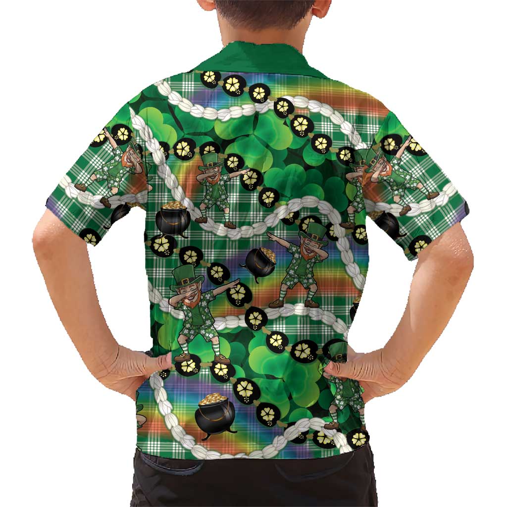 St Patrick's Day Palaka Hawaii Family Matching Off Shoulder Short Dress and Hawaiian Shirt Kukui Nut Pikake Lei Shamrock Dabbing Leprechaun LT14 - Polynesian Pride