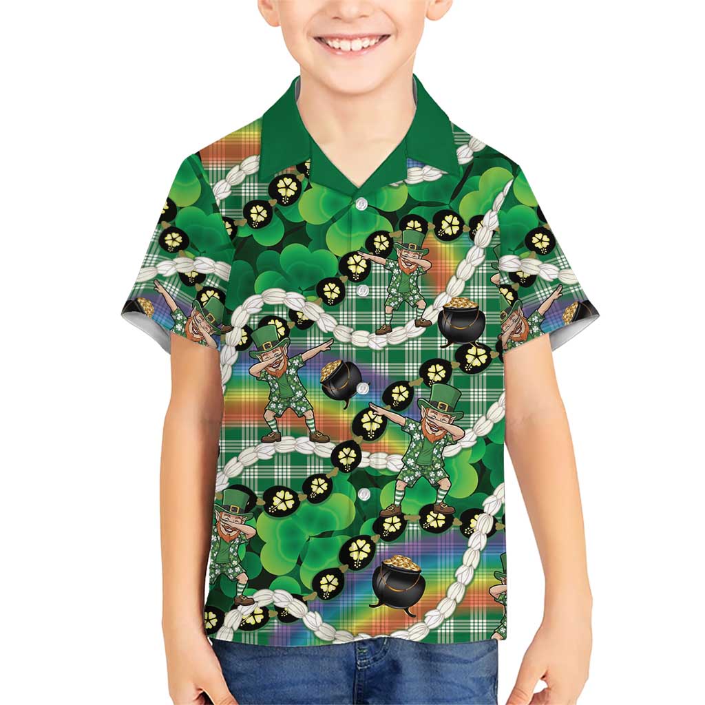 St Patrick's Day Palaka Hawaii Family Matching Off Shoulder Short Dress and Hawaiian Shirt Kukui Nut Pikake Lei Shamrock Dabbing Leprechaun LT14 Son's Shirt Green - Polynesian Pride