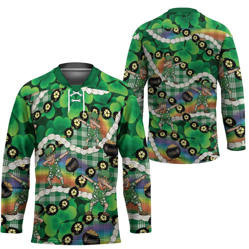 St Patrick's Day Palaka Hawaii Hockey Jersey Kukui Nut Pikake Lei Shamrock Dabbing Leprechaun