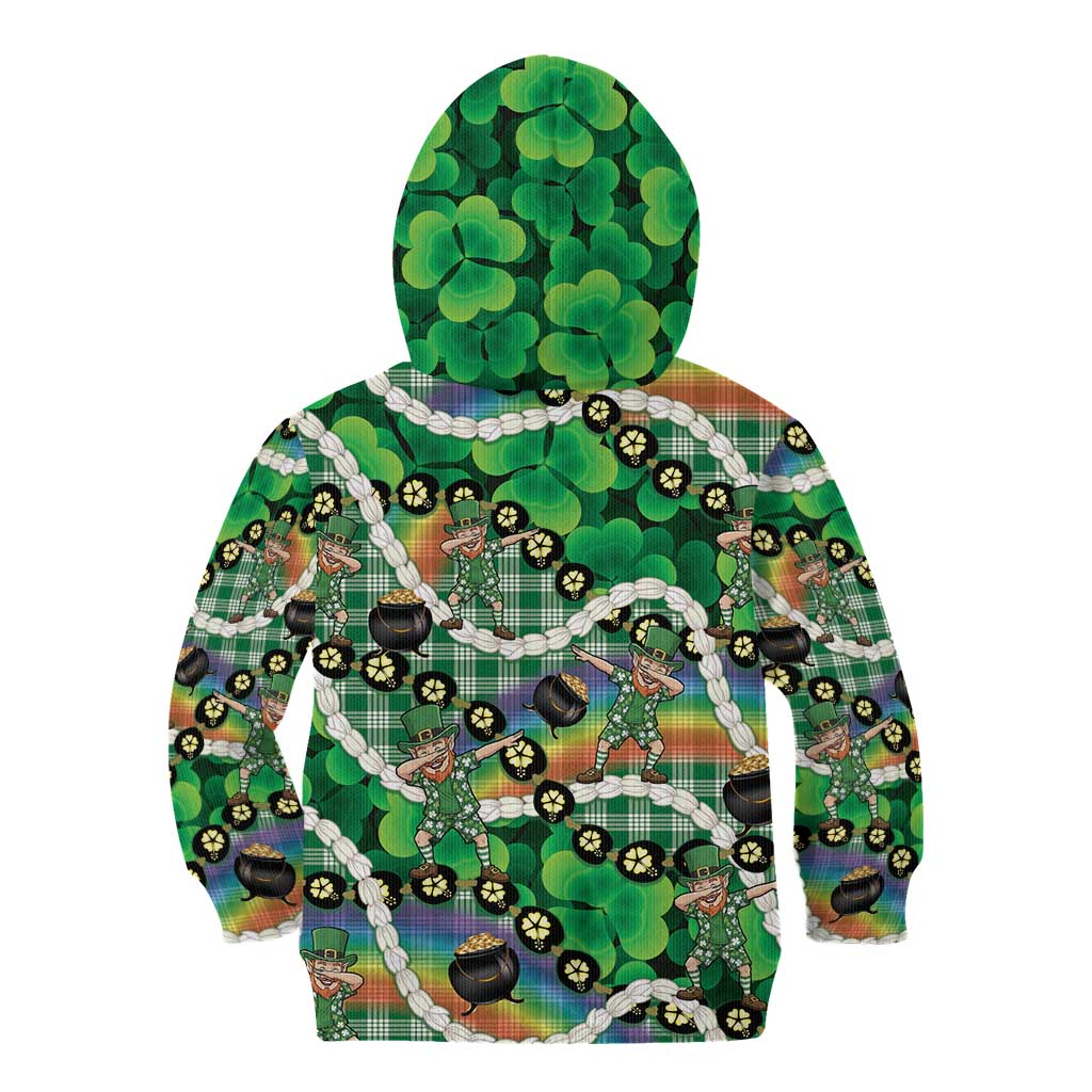 St Patrick's Day Palaka Hawaii Kid Hoodie Kukui Nut Pikake Lei Shamrock Dabbing Leprechaun