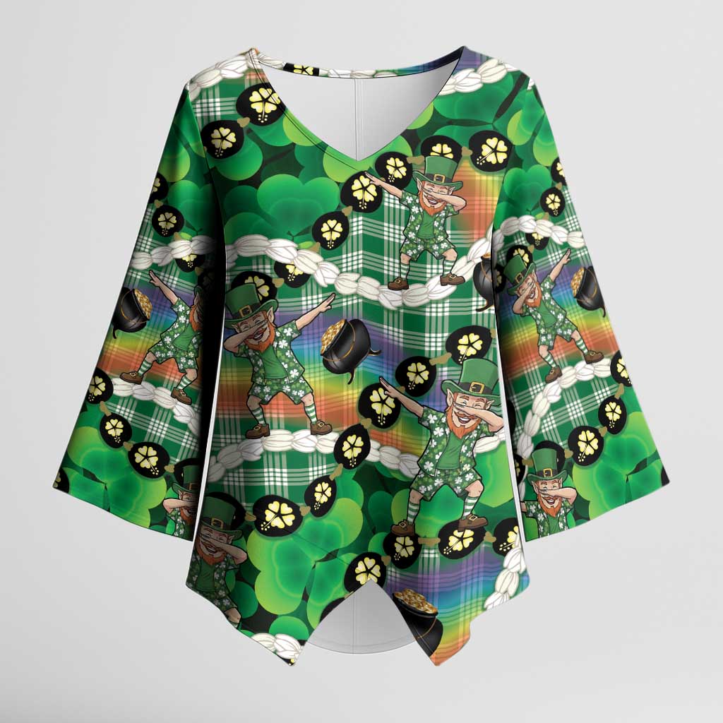 St Patrick's Day Palaka Hawaii Kimono Sleeve Blouse Kukui Nut Pikake Lei Shamrock Dabbing Leprechaun