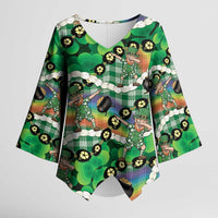 St Patrick's Day Palaka Hawaii Kimono Sleeve Blouse Kukui Nut Pikake Lei Shamrock Dabbing Leprechaun