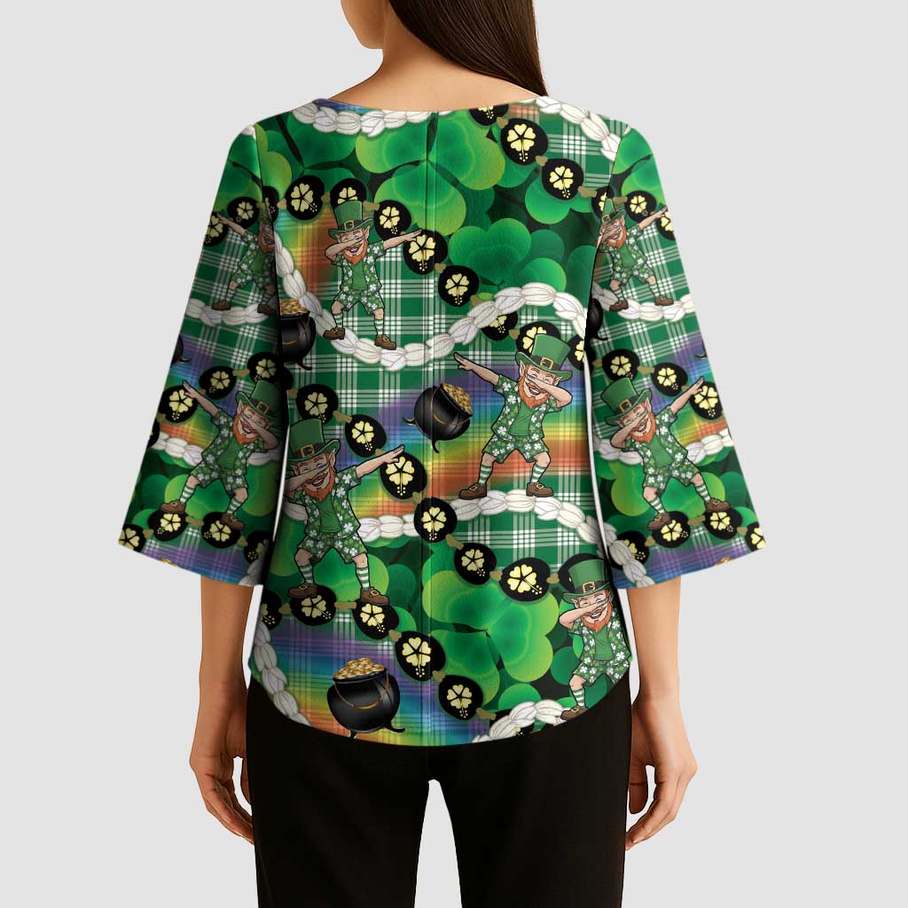 St Patrick's Day Palaka Hawaii Kimono Sleeve Blouse Kukui Nut Pikake Lei Shamrock Dabbing Leprechaun