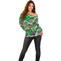 St Patrick's Day Palaka Hawaii Off Shoulder Sweater Kukui Nut Pikake Lei Shamrock Dabbing Leprechaun