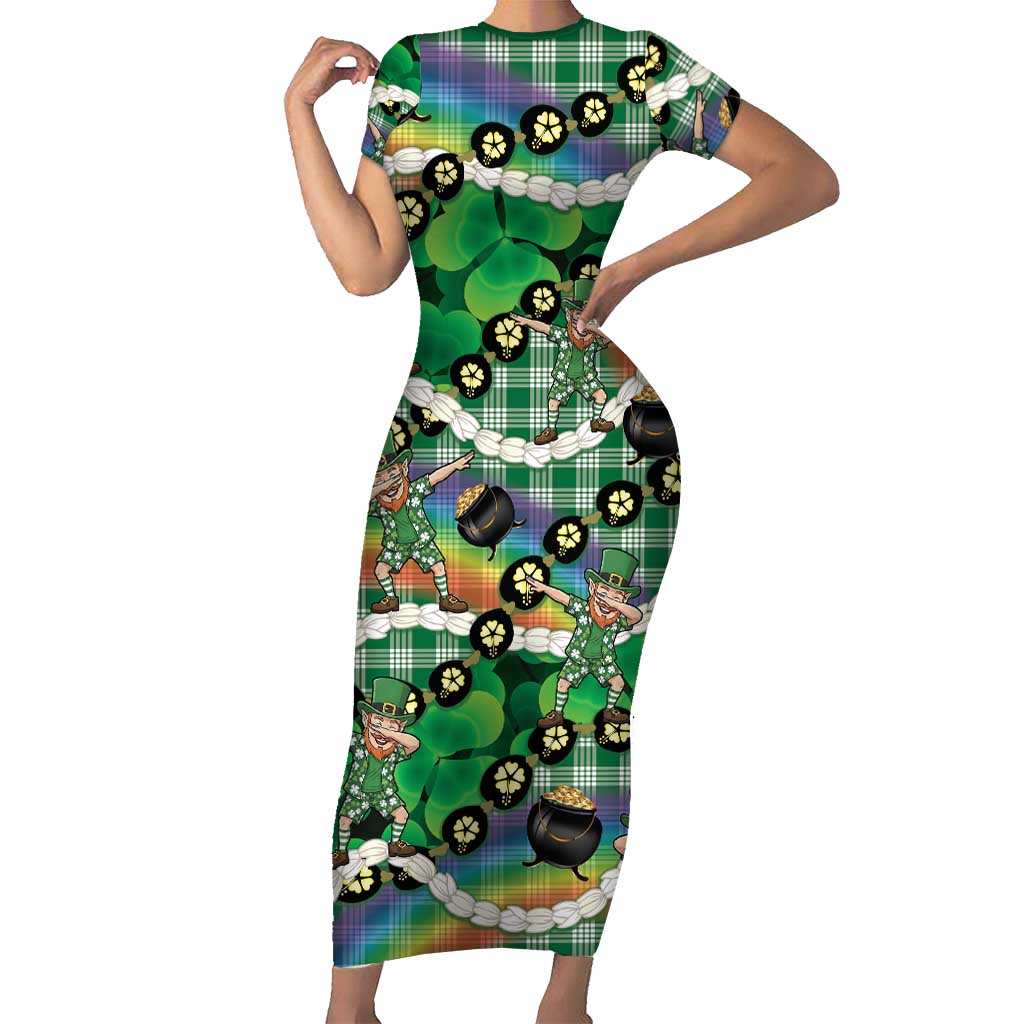 St Patrick's Day Palaka Hawaii Short Sleeve Bodycon Dress Kukui Nut Pikake Lei Shamrock Dabbing Leprechaun