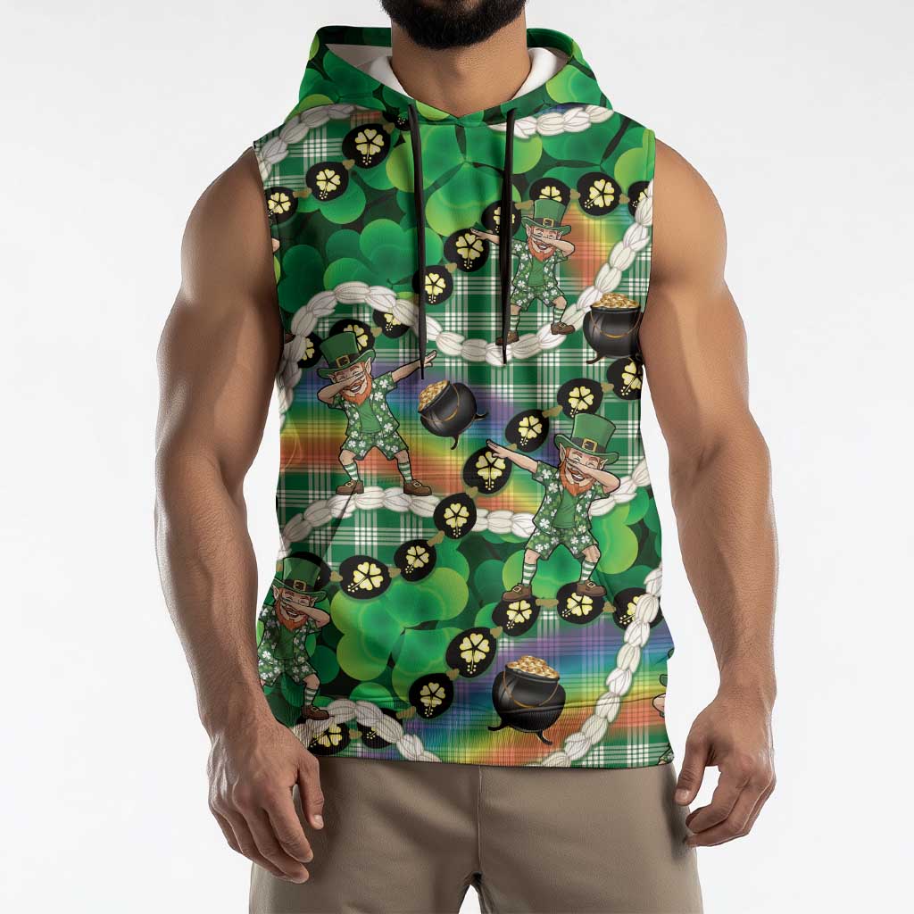 St Patrick's Day Palaka Hawaii Sleeveless Hoodie Kukui Nut Pikake Lei Shamrock Dabbing Leprechaun