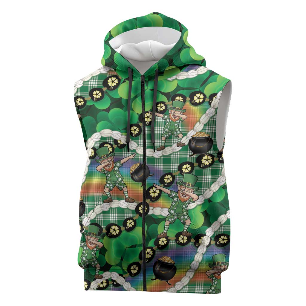 St Patrick's Day Palaka Hawaii Sleeveless Zip Hoodie Kukui Nut Pikake Lei Shamrock Dabbing Leprechaun