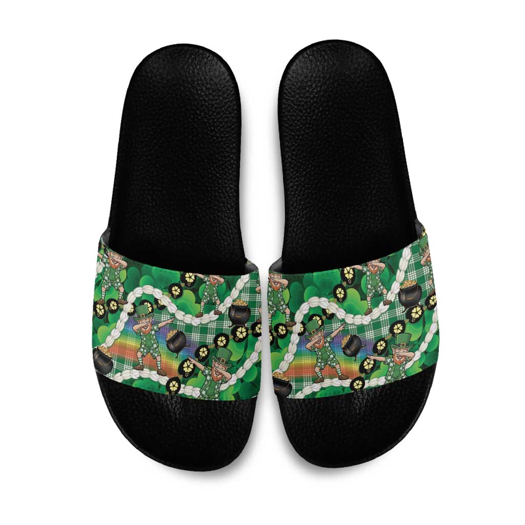 St Patrick's Day Palaka Hawaii Slide Sandals Kukui Nut Pikake Lei Shamrock Dabbing Leprechaun
