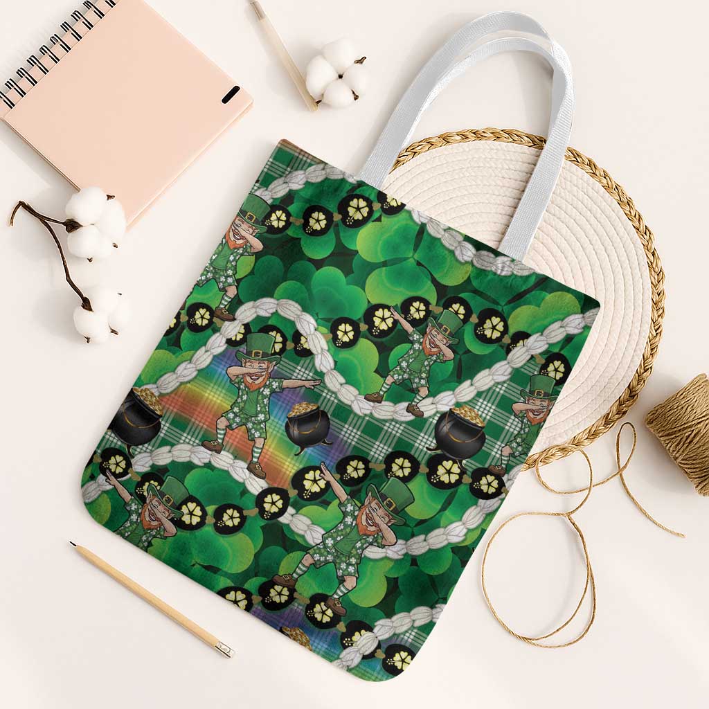 St Patrick's Day Palaka Hawaii Tote Bag Kukui Nut Pikake Lei Shamrock Dabbing Leprechaun