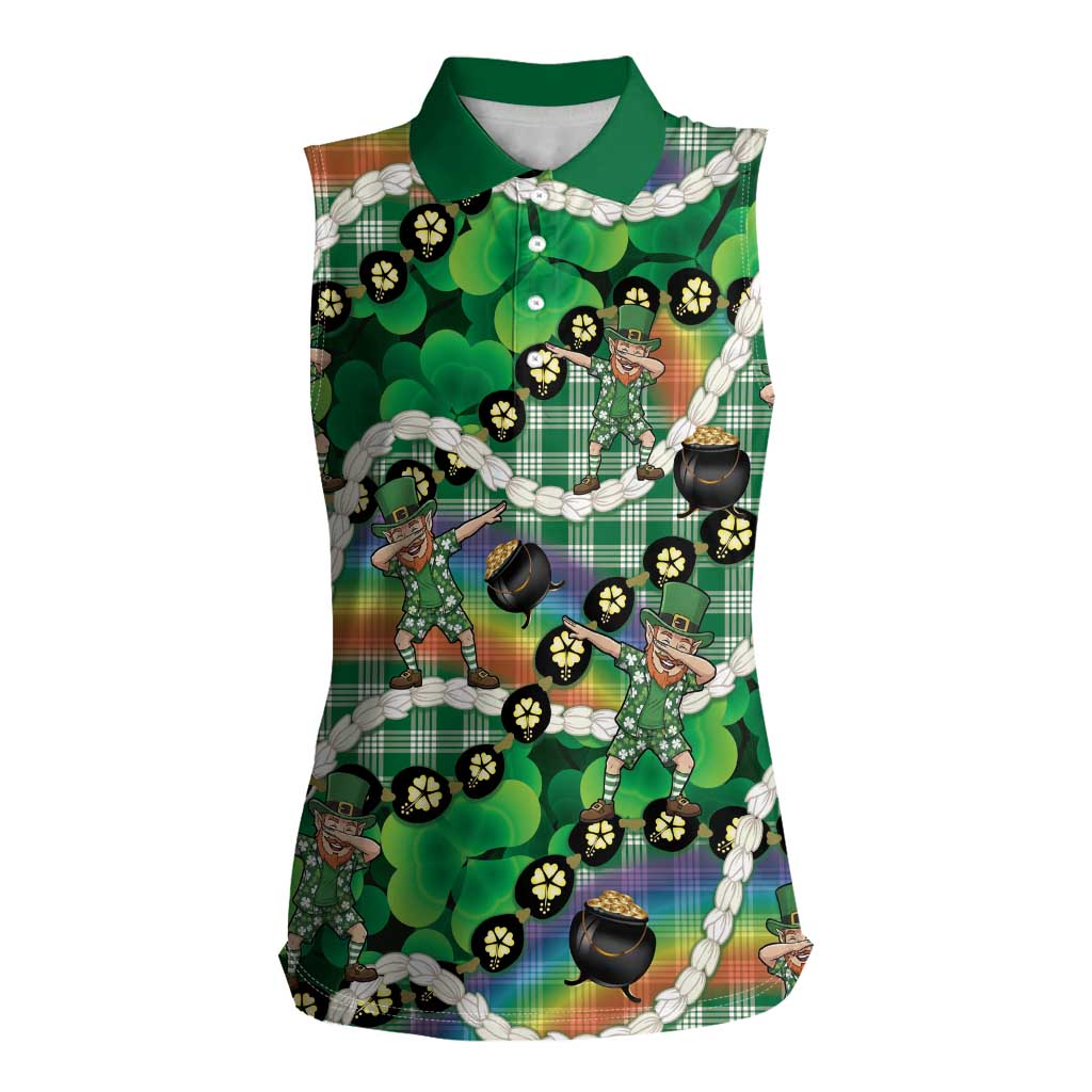 St Patrick's Day Palaka Hawaii Women Sleeveless Polo Shirt Kukui Nut Pikake Lei Shamrock Dabbing Leprechaun