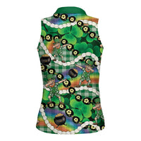 St Patrick's Day Palaka Hawaii Women Sleeveless Polo Shirt Kukui Nut Pikake Lei Shamrock Dabbing Leprechaun