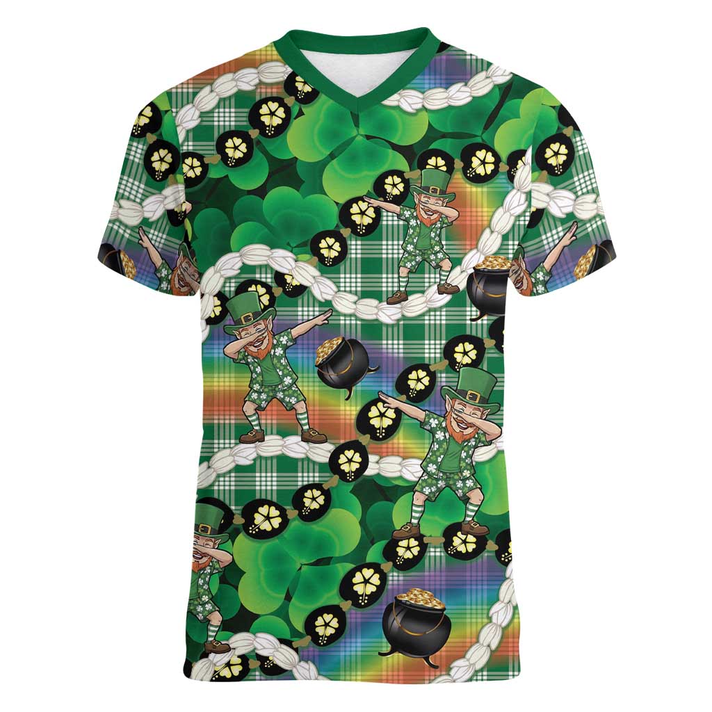 St Patrick's Day Palaka Hawaii Women V-Neck T-Shirt Kukui Nut Pikake Lei Shamrock Dabbing Leprechaun