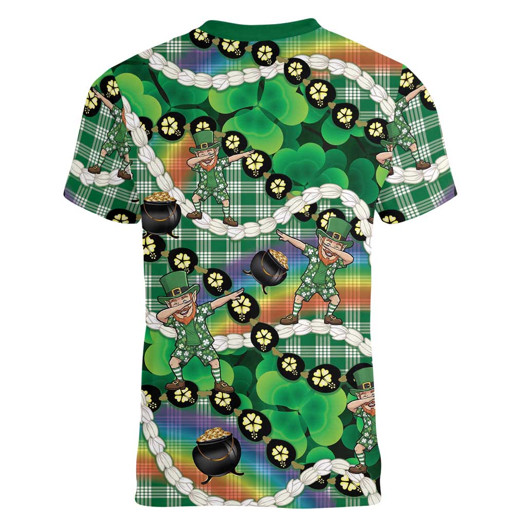 St Patrick's Day Palaka Hawaii Women V-Neck T-Shirt Kukui Nut Pikake Lei Shamrock Dabbing Leprechaun