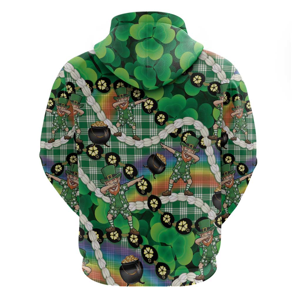 St Patrick's Day Palaka Hawaii Zip Hoodie Kukui Nut Pikake Lei Shamrock Dabbing Leprechaun