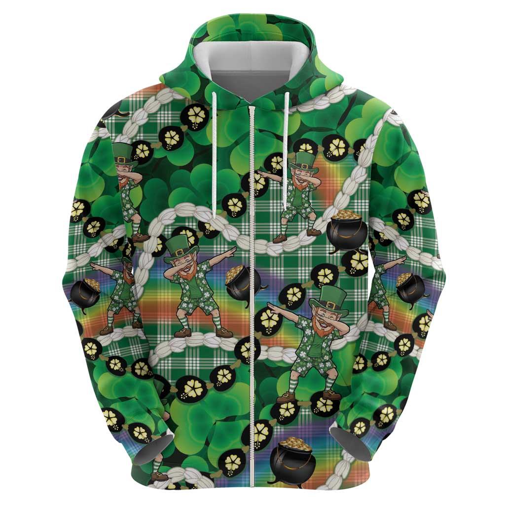 St Patrick's Day Palaka Hawaii Zip Hoodie Kukui Nut Pikake Lei Shamrock Dabbing Leprechaun