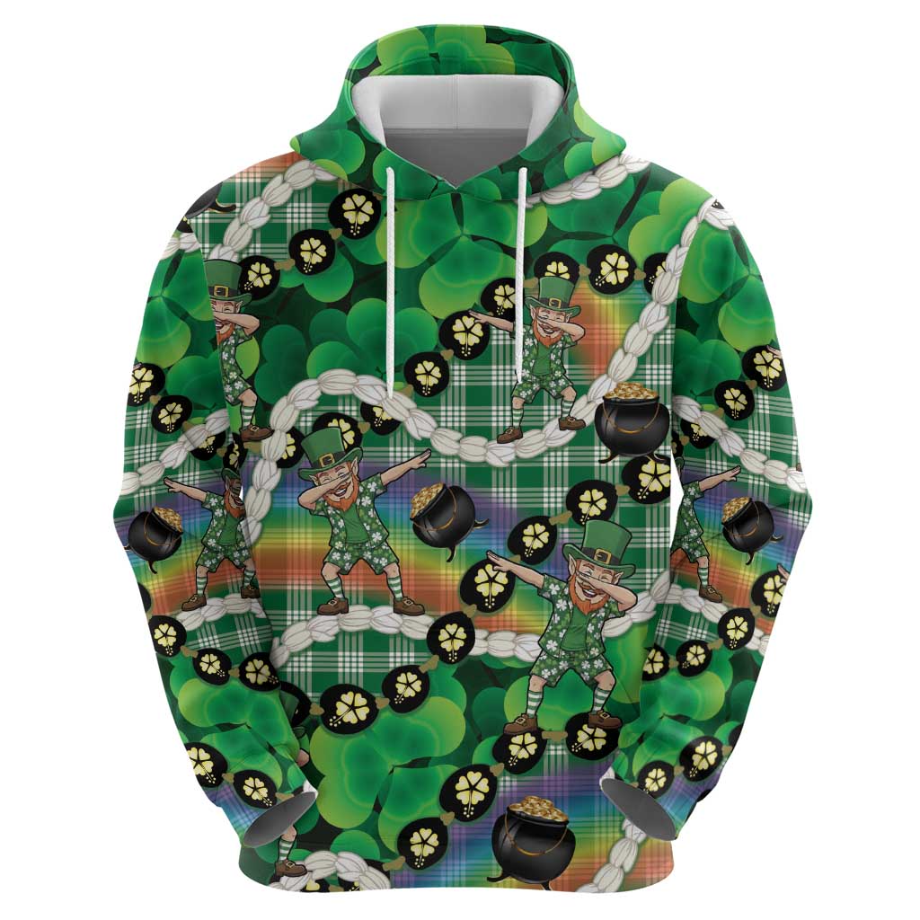 St Patrick's Day Palaka Hawaii Zip Hoodie Kukui Nut Pikake Lei Shamrock Dabbing Leprechaun