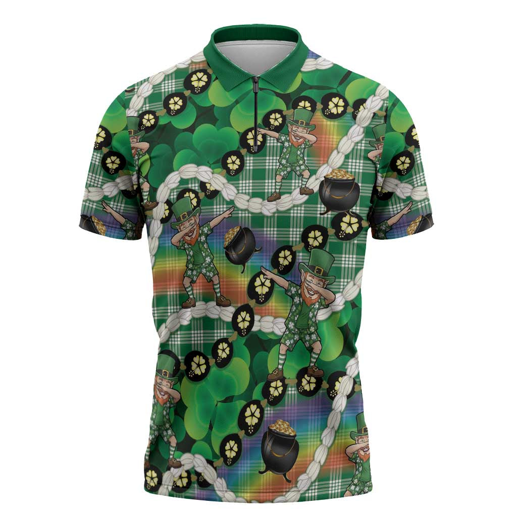 St Patrick's Day Palaka Hawaii Zipper Polo Shirt Kukui Nut Pikake Lei Shamrock Dabbing Leprechaun