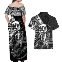 Hafa Adai Guam Discovery Day Couples Matching Off Shoulder Maxi Dress and Hawaiian Shirt Chamorro Latte Stone Hand Black Version