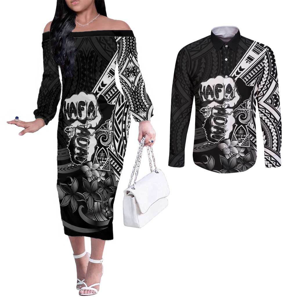 Hafa Adai Guam Discovery Day Couples Matching Off The Shoulder Long Sleeve Dress and Long Sleeve Button Shirt Chamorro Latte Stone Hand Black Version