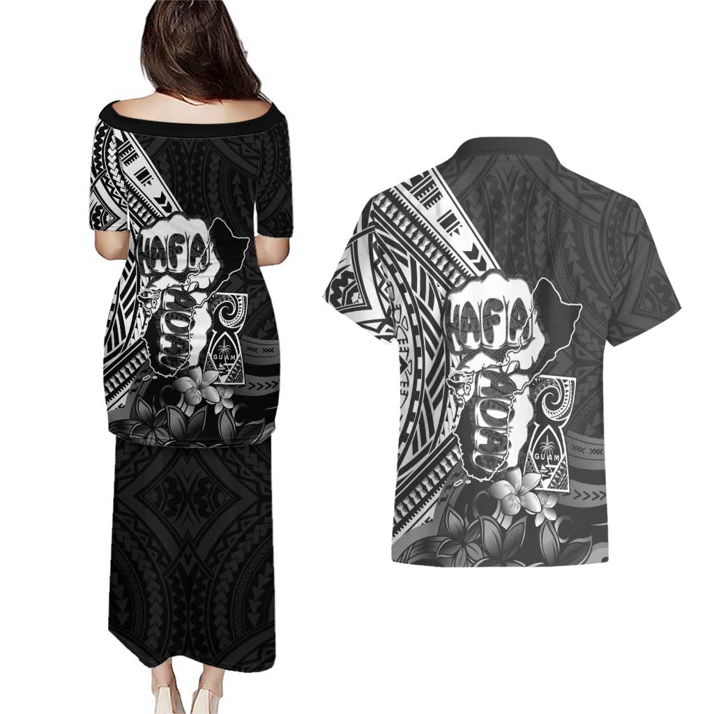 Hafa Adai Guam Discovery Day Couples Matching Puletasi and Hawaiian Shirt Chamorro Latte Stone Hand Black Version
