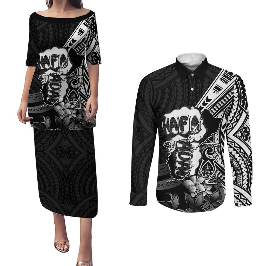 Hafa Adai Guam Discovery Day Couples Matching Puletasi and Long Sleeve Button Shirt Chamorro Latte Stone Hand Black Version