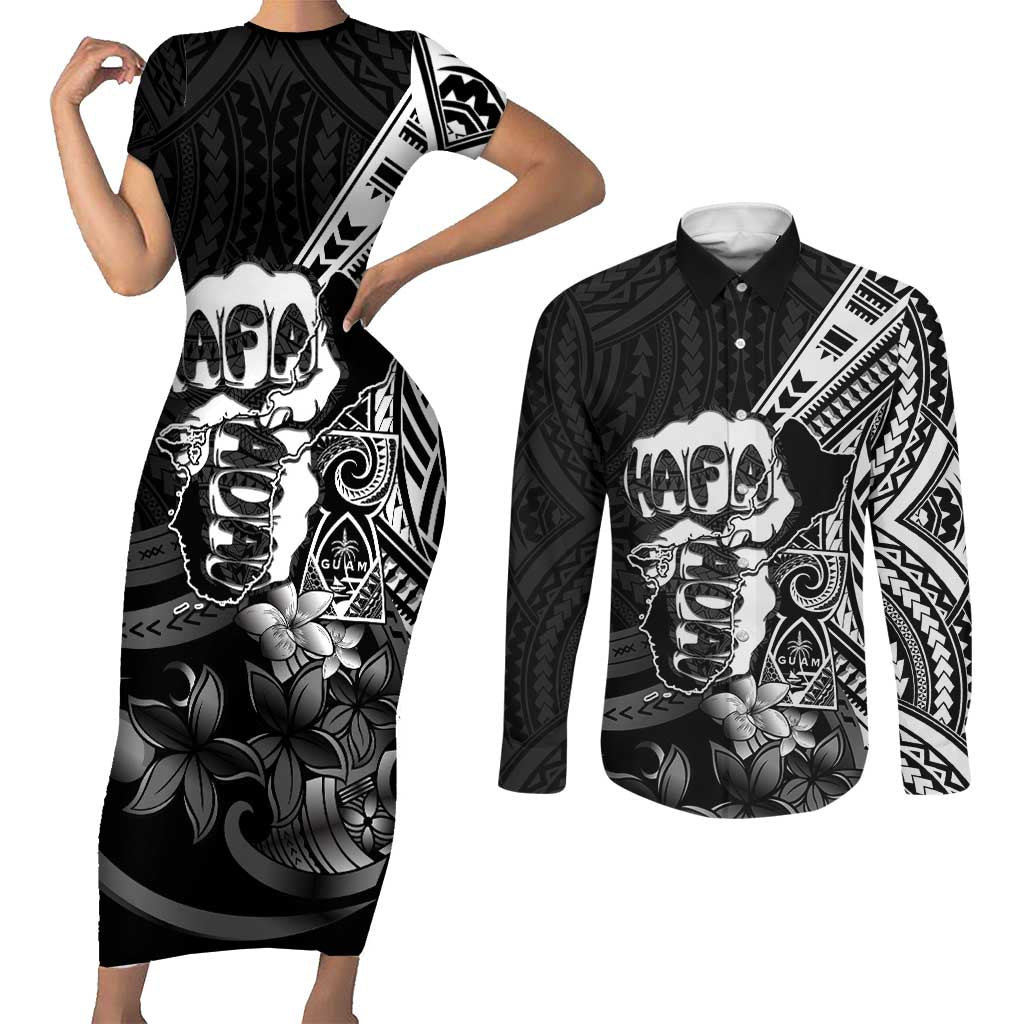 Hafa Adai Guam Discovery Day Couples Matching Short Sleeve Bodycon Dress and Long Sleeve Button Shirt Chamorro Latte Stone Hand Black Version