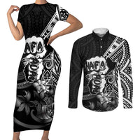 Hafa Adai Guam Discovery Day Couples Matching Short Sleeve Bodycon Dress and Long Sleeve Button Shirt Chamorro Latte Stone Hand Black Version