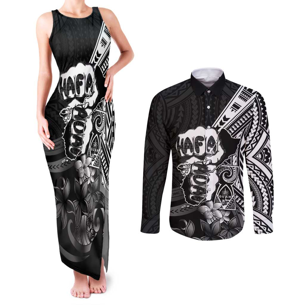 Hafa Adai Guam Discovery Day Couples Matching Tank Maxi Dress and Long Sleeve Button Shirt Chamorro Latte Stone Hand Black Version