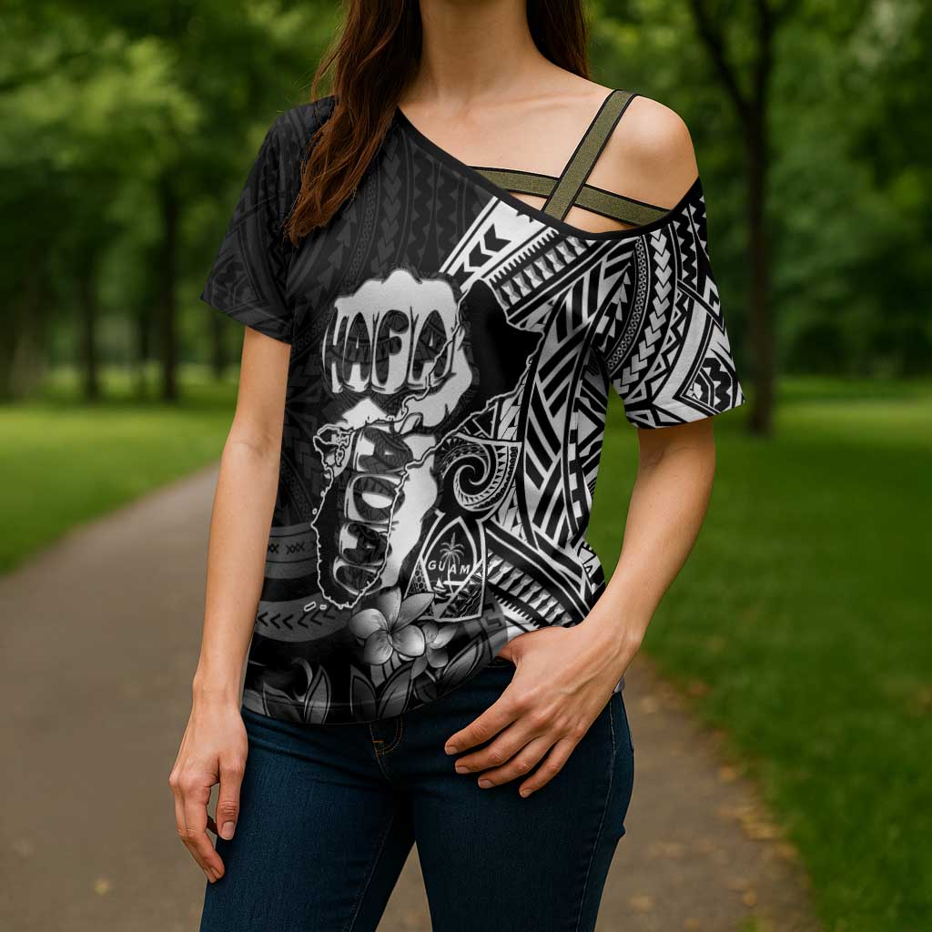 Hafa Adai Guam Discovery Day Cross Shoulder Shirt Chamorro Latte Stone Hand Black Version