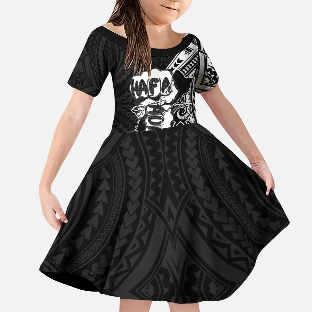 Hafa Adai Guam Discovery Day Family Matching Long Sleeve Bodycon Dress and Hawaiian Shirt Chamorro Latte Stone Hand Black Version LT14 Daughter's Dress Black - Polynesian Pride