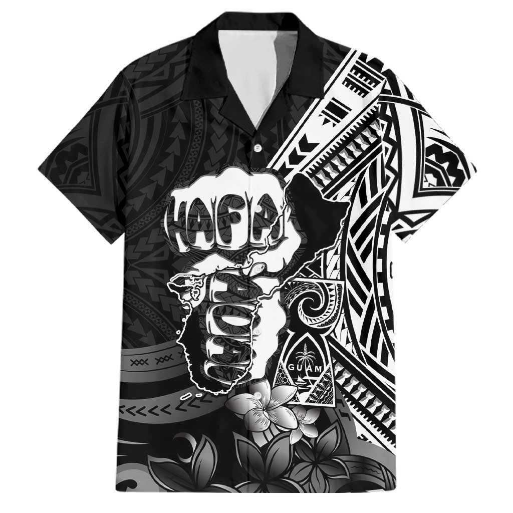Hafa Adai Guam Discovery Day Family Matching Off Shoulder Short Dress and Hawaiian Shirt Chamorro Latte Stone Hand Black Version