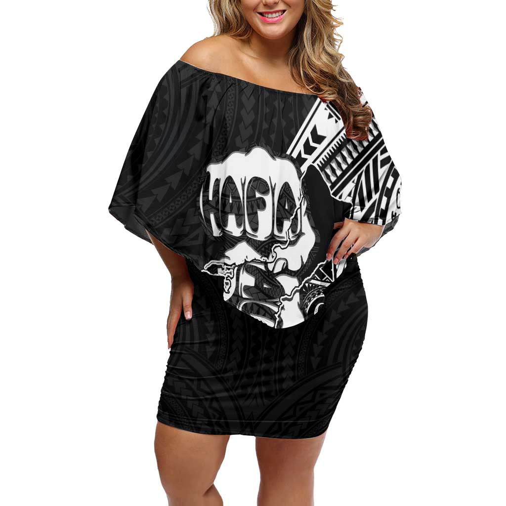 Hafa Adai Guam Discovery Day Family Matching Off Shoulder Short Dress and Hawaiian Shirt Chamorro Latte Stone Hand Black Version