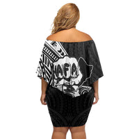 Hafa Adai Guam Discovery Day Family Matching Off Shoulder Short Dress and Hawaiian Shirt Chamorro Latte Stone Hand Black Version